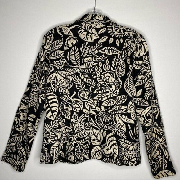 ELCC Blazer Womens M Black Cream Batik Leaf Floral Print 3 Button Jacket Vintage - Picture 6 of 8